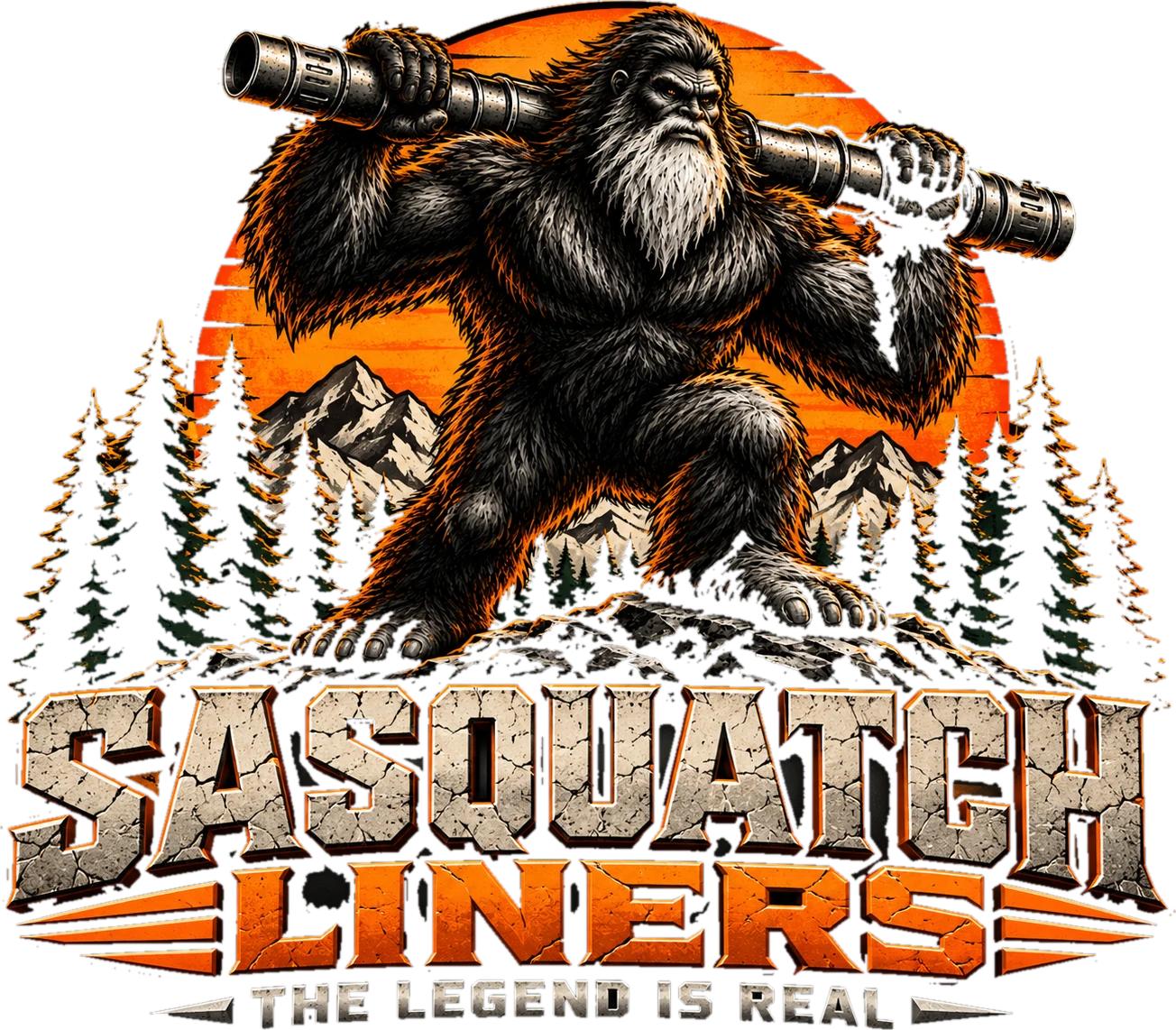 Sasquatch Liners: the legend is real. Sasquatch with a white beard carrying a liner hanger across his shoulders.